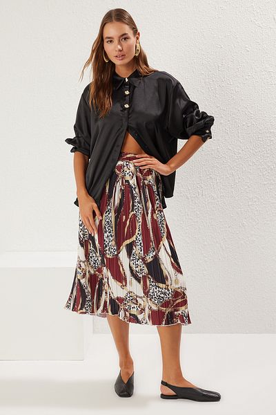 Trendyol Collection Black Print a Line/Bell Cut Pleated Midi Skirt Twoss25Et00059