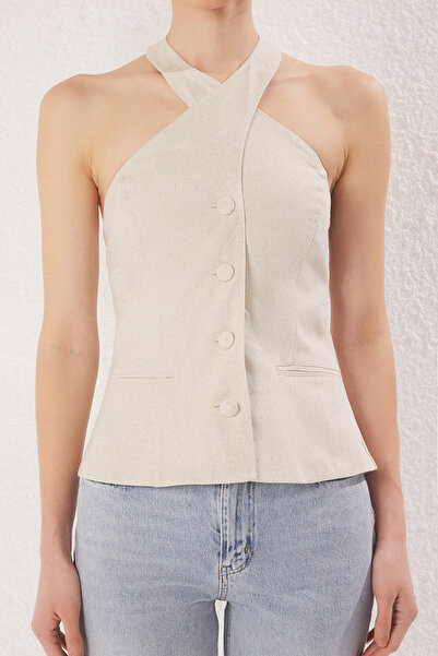 Trendyol Collection Béžová lněná halenka Cross Halter Neck Tkaná halenka Twoss25Bz00255