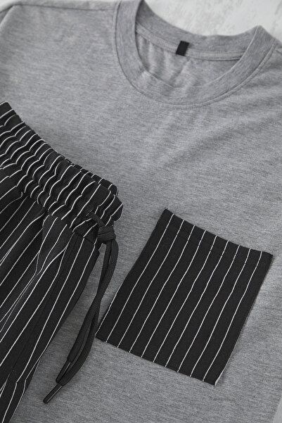 Trendyol Collection Grimelange - Black Regular Fit Striped Knitted Shorts Pajamas Set Tmnss25Pt00036