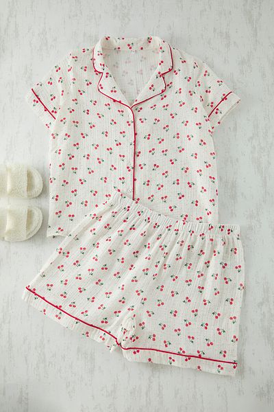 Trendyol Curve Ecru Cherry Patterned Muslin Woven Pajamas Set Tbbss25Ai00029