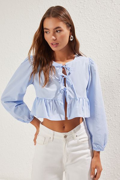 Trendyol Collection Light Blue Binding Detail Crop Shirt Twoss25Go00066
