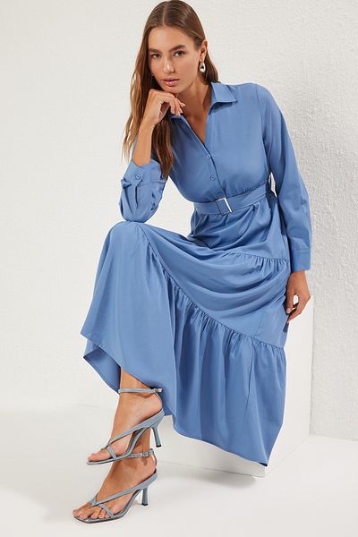Trendyol Modest Indigo Belt a Line/Bell Cut Maxi Knitted Dress Tctss25El00002
