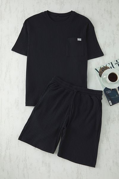 Trendyol Collection Sötétkék Oversize Fit bordás kötött rövidnadrág pizsama szett TMNSS25PT00030