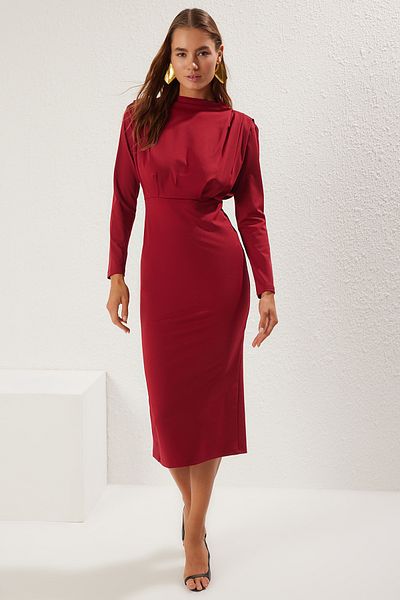 Trendyol Collection Burgundy Drawstring/Drape Detail Bodycone/Body Sitting Midi Woven Dress Twoss25El00350