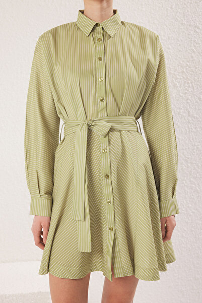 Trendyol Collection Oil Green Striped Belted Short / Mini Woven Dress Twoaw25El00154