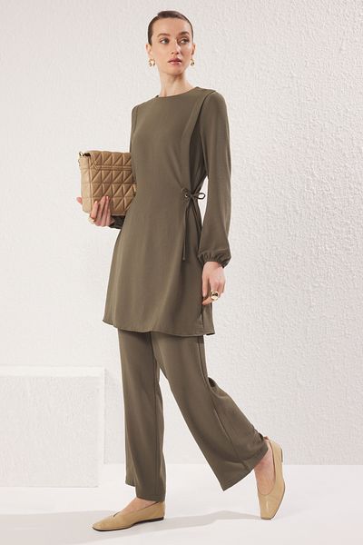 Trendyol Modest Aerobin Tunic and Pants Set - Dark Khaki with Binding Detail, Tctaw22Us0092