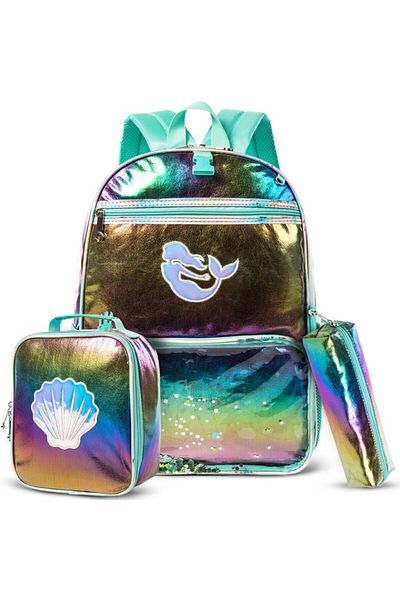 Eazy Kids - حقيبة مدرسية مقاس 17 بوصة وحقيبة غداء وحقيبة أقلام مجموعة من 3 قطع بتصميم صدفة حورية البحر - أخضر