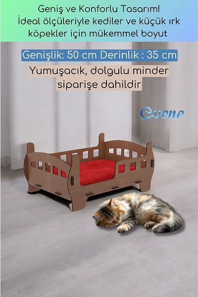 Evene Walnut Colored Large Cat Bed - Wooden Durable Crib Bed Frame Model