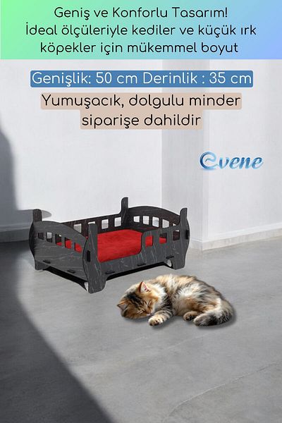 Evene Black Marble Colored Large Cat Bed - Wooden Durable Crib Bed Frame Model