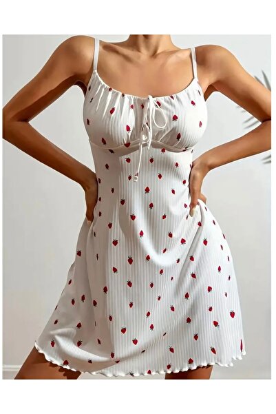 FASHION Mini rochie plisată cu bretele albe pentru femei, cu model căpșuni, rochie de noapte cu tanga ca cadou