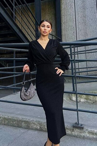 Mossta Double Breasted Neckline Long Sleeve Silvery Midi Dress Black