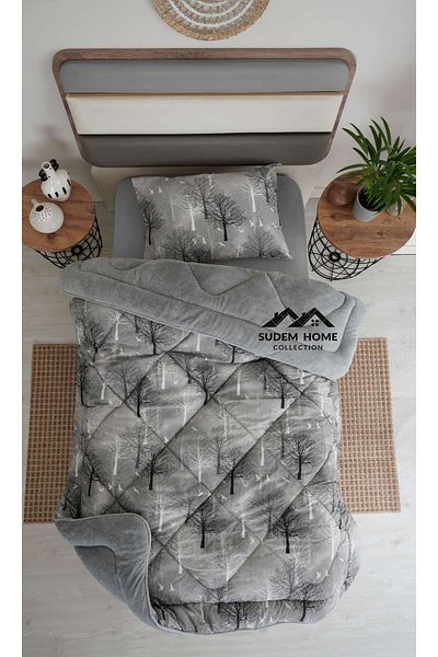 Sudem Home Collection Single Double Sided Plush Welsoft Quilt and Pillow Case Fluffy Fleece Quilt Gray Tree