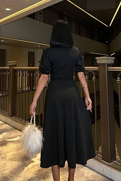 Mossta Μαύρο κρεπ μίντι φόρεμα - Μανίκια με μπαλόνι και λεπτομέρεια