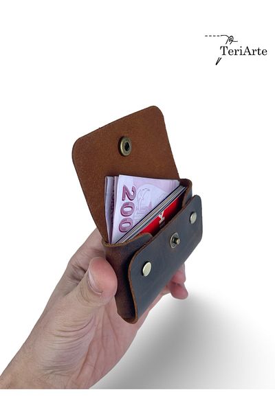 TeriArte Genuine Leather Palm Card Holder, Real Leather Minimal Card Holder, Single Snap Wallet, Unisex Card Holder