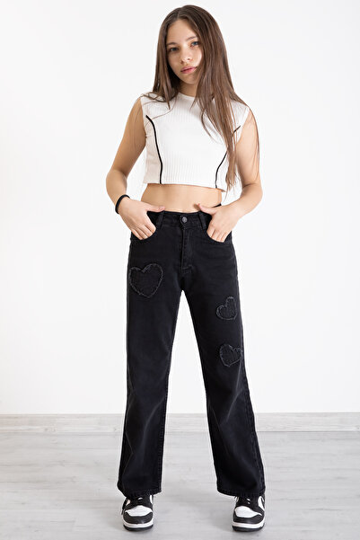 Cansın Mini Black Heart Embroidery Detailed Wide Leg Girls' Jeans Pants 20361