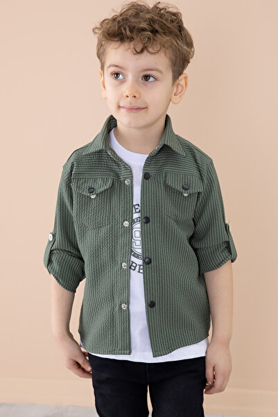 Cansın Mini Khaki Boy's 3-Piece Bottom Top Set with Snap Shirt Pants 20261