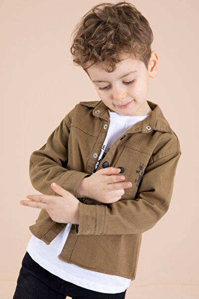 Cansın Mini Λινό ανδρικό πουκάμισο για αγόρι - λαιμόκοψη, μπλουζάκι, καφέ 20075