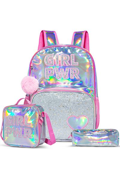 Eazy Kids - حقيبة مدرسية مقاس 18 بوصة وحقيبة غداء وحقيبة أقلام مجموعة من 3 قطع Girl Power - وردي