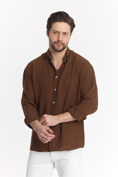 Richarlison Erkek Acı Kahve Keten Dokulu Uzun Kollu Oversize Gömlek