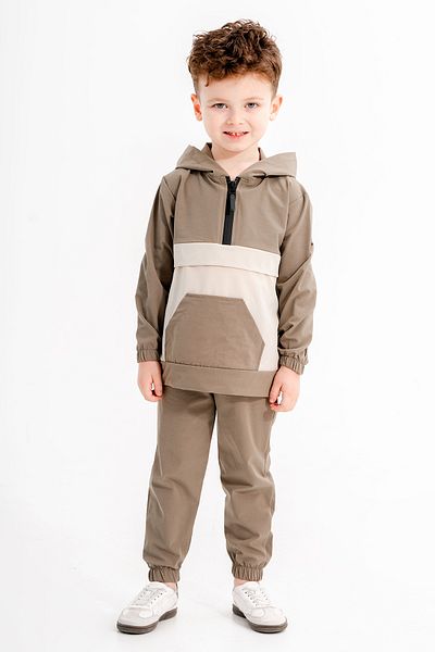 Cansın Mini Khaki Kangaroo Pocket Hooded Boy's Parachute Tracksuit Set 20120