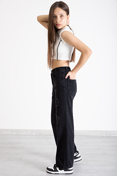 Cansın Mini Black Heart Embroidery Detailed Wide Leg Girls' Jeans Pants 20361