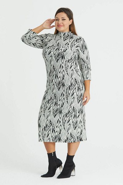 Mooi XXL Women's Black and White Asymmetrical Leaf Pattern Half Turtleneck Plus Size Slit Flexible Suede Dress