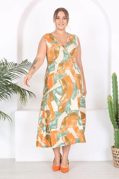 Mooi XXL Orange Green Geometric Print - Sleeveless Double Breasted Maxi Dress, Plus Size