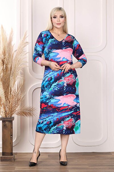 Mooi XXL Women's V-Neck Blue Pink Nebula Pattern Plus Size Flexible Dress
