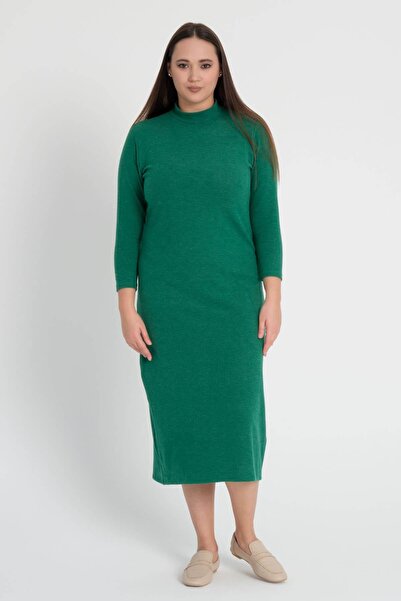 Mooi XXL Kadın Yeşil Yarım Balıkçı Yaka Büyük Beden Yırtmaçlı Esnek Triko Elbise