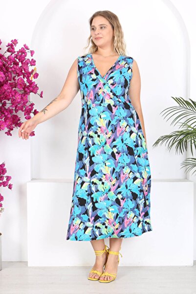 Mooi XXL Μπλε Floral Plus Size Maxi Φόρεμα - Αμάνικο και Διπλό Γιακά