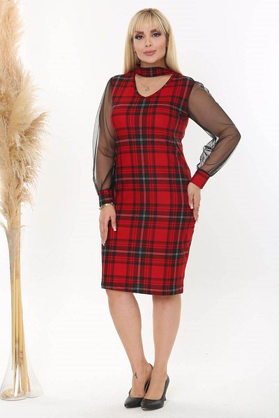 Mooi XXL Women's Red Black Plaid Pattern Collar Detail Tulle Sleeve Plus Size Flexible Suede Dress