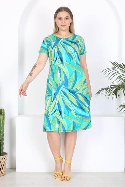 Mooi XXL Rochie midi de damă cu model frunze verzi albastre