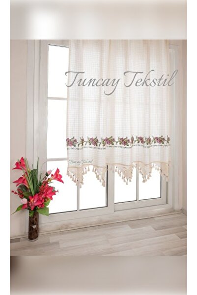 TUNCAY TEKSTİL Buldan Curtain Lilac Cross Stitched Hand Lace Linen Sunshade Basement Curtain