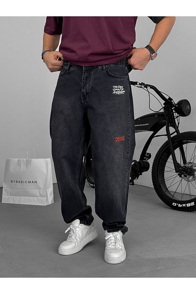 BYBASICMAN Black Embroidery Detailed Baggy Jean C-6379