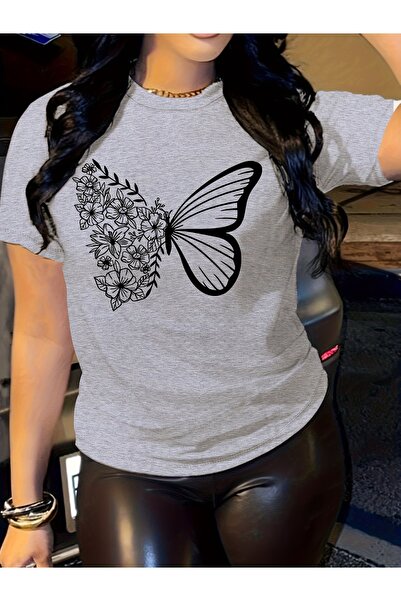 GALASHOP طاقم الرقبة فراشة مطبوعة قصيرة الأكمام تي شيرت