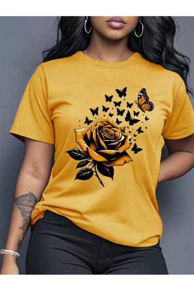 GALASHOP Kadın Gül Desenli sıfır Yaka Tişört