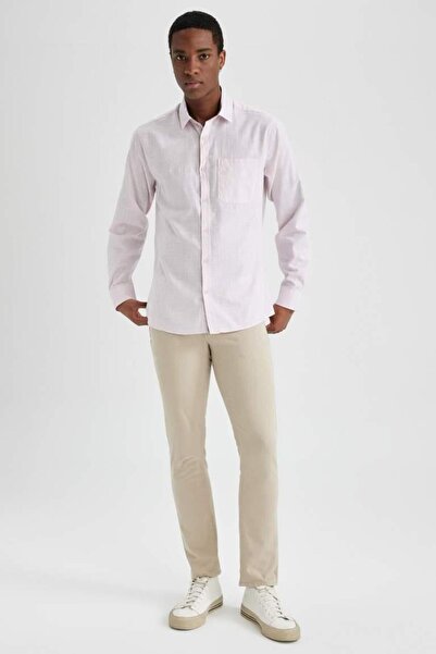 DeFacto Slim Fit Polo Yaka Keten Görünümlü Uzun Kollu Gömlek Gül Rengi