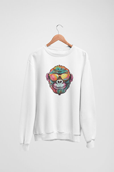 Butik Unisex Long Sleeve Colorful, Gogged Gorilla Transfer Printed Crew Neck ...