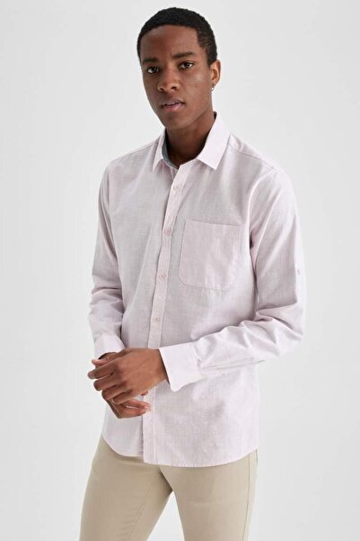 DeFacto Slim Fit Polo Yaka Keten Görünümlü Uzun Kollu Gömlek Gül Rengi