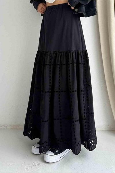 MELEK ARAZ Black Asymmetrical Cut Skirt with Holes at the Hem