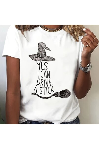 GALASHOP تي شيرت نسائي مطبوع عليه مكنسة سحرية