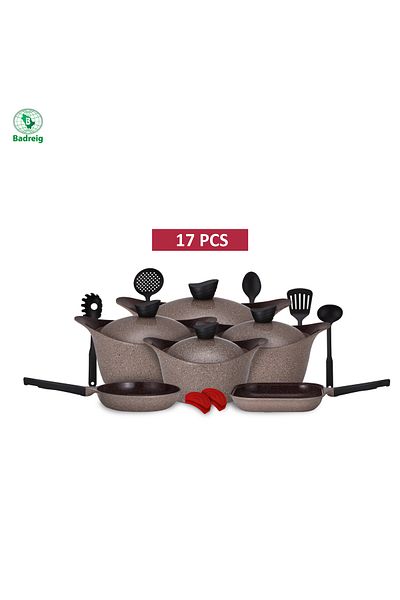 badreig LAHOYA CERAMIC COATED COOKWARE SET 17 PCS (BROUWN) |Made in Saudi