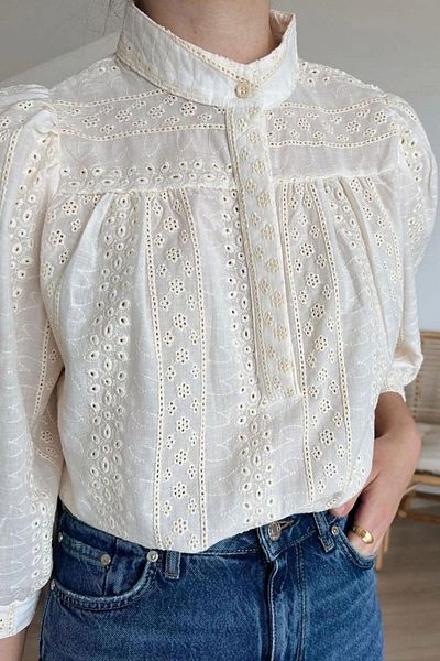 bacc Women's Ecru Scallop Detail Half Button Shirt Bceq- 255018