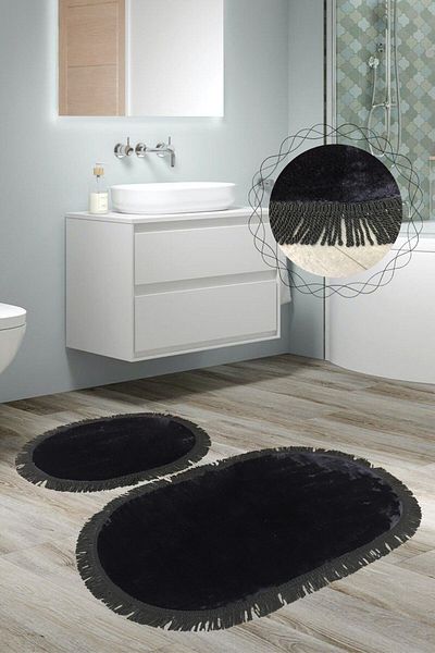 Dokumacıoğlu Σετ 2 Twist Oval Μοκέτα Μπάνιου - Μαύρο, Twist Mat, Μαρκίζες, Αντιολισθητικό Σετ Τουαλέτας που πλένεται στο πλυντήριο