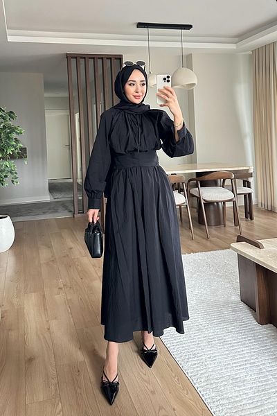 Miraydın Butik Balloon Sleeve Waist Drawstring Skirt Set - Black