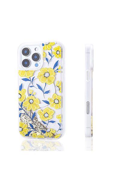 zore iPhone 14 Pro Max Compatible Case Liquid Glitter Printed Transparent Back Surface Zore Mossa Silicone Cover-Gold