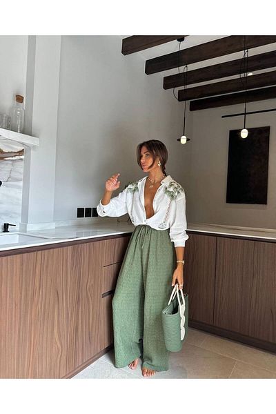 Pulli Collection Woodshell Pantalon |   Linen Embroidery Detailed Shirt Double Set