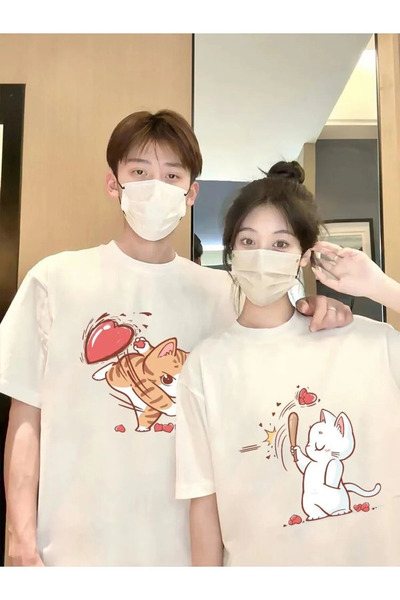 FECCY Cotton 2Pcs Tir Harajuku Style Couple Lover Combinations Couple Clothin...