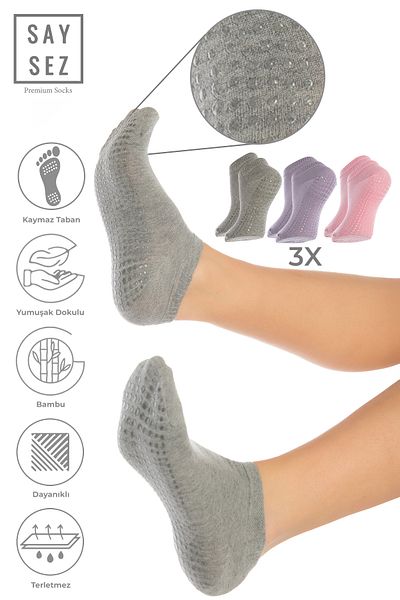 SAYSEZ Bamboo Women - Grey-Pink-Lilac Pilates Yoga Fitness Dance Booties Set of 3, Anti-Slip Silicone Sole