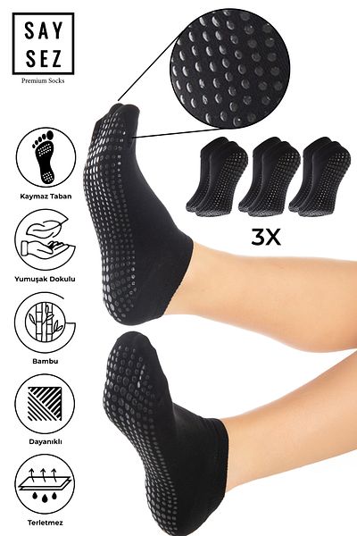 SAYSEZ Bamboo Women's Anti-Slip Sole Black Silicone Print Pilates Yoga Fitness Dance Activity Booties Socks 3-Piece